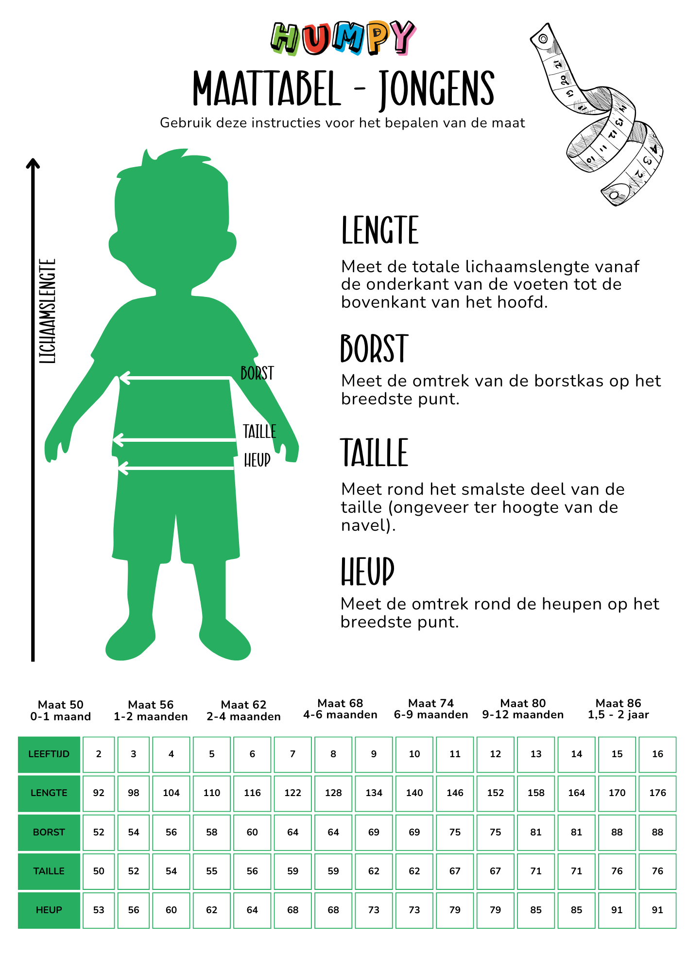 Humpy maattabel jongens – kindermaten per leeftijd met borst-, taille-, heup- en lengtematen