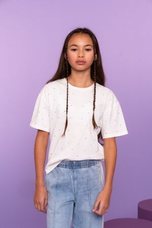 Geisha T-shirt strass-steentjes Off-White/Blue