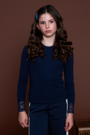 Geisha Shirt LS lace at sleeve Navy